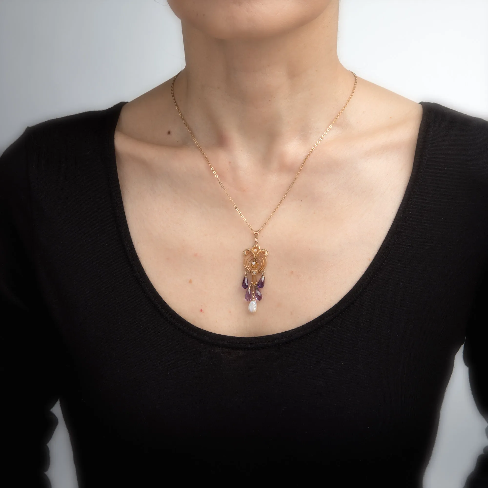 Antique Art Nouveau Drop Necklace Briolette Amethyst Diamond Pearls 10k Gold