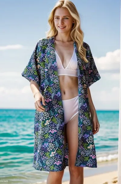 Half Sleeve Floral Open Navy Blue Cardigan