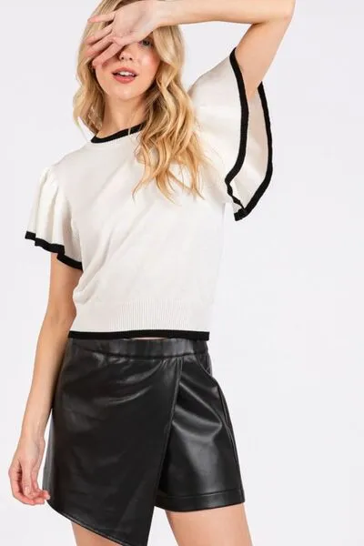 Hazel Blues® |  Mittoshop Contrast Trim Ruffled Cap Sleeve Knit Top
