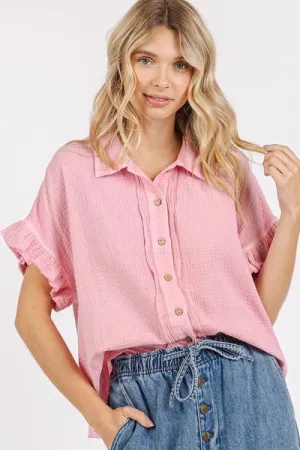 Hazel Blues® |  Mittoshop Mineral Washed Button Down Flounce Sleeve Shirt