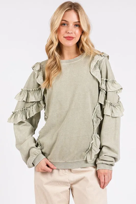 Hazel Blues® |  Mittoshop Ruffled Mineral Washed Round Neck Long Sleeve Sweatshirt
