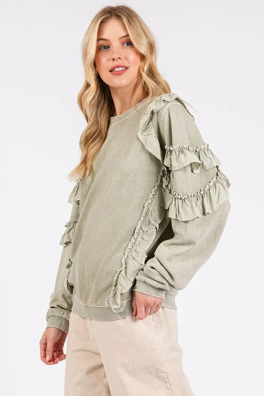 Hazel Blues® |  Mittoshop Ruffled Mineral Washed Round Neck Long Sleeve Sweatshirt