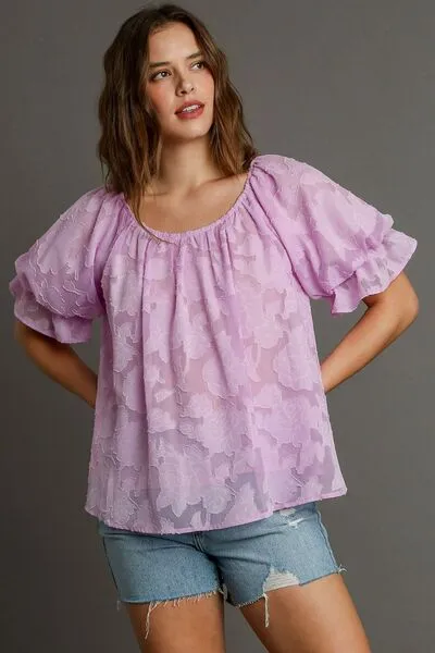 Hazel Blues® | Umgee Jacquard Round Neck Ruffled Puff Sleeve Blouse