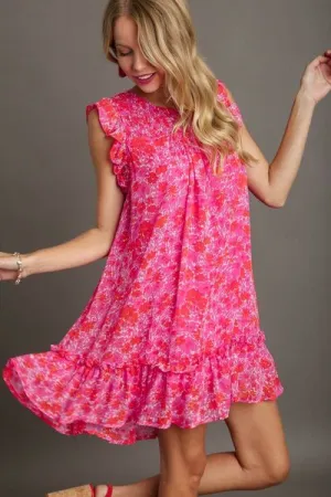 Hot Pink Smocked Detail Floral Metallic Ruffle Cap Sleeve Dress
