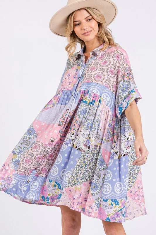 SAGE   FIG Floral Collared Neck Half Sleeve Mini Shirt Dress