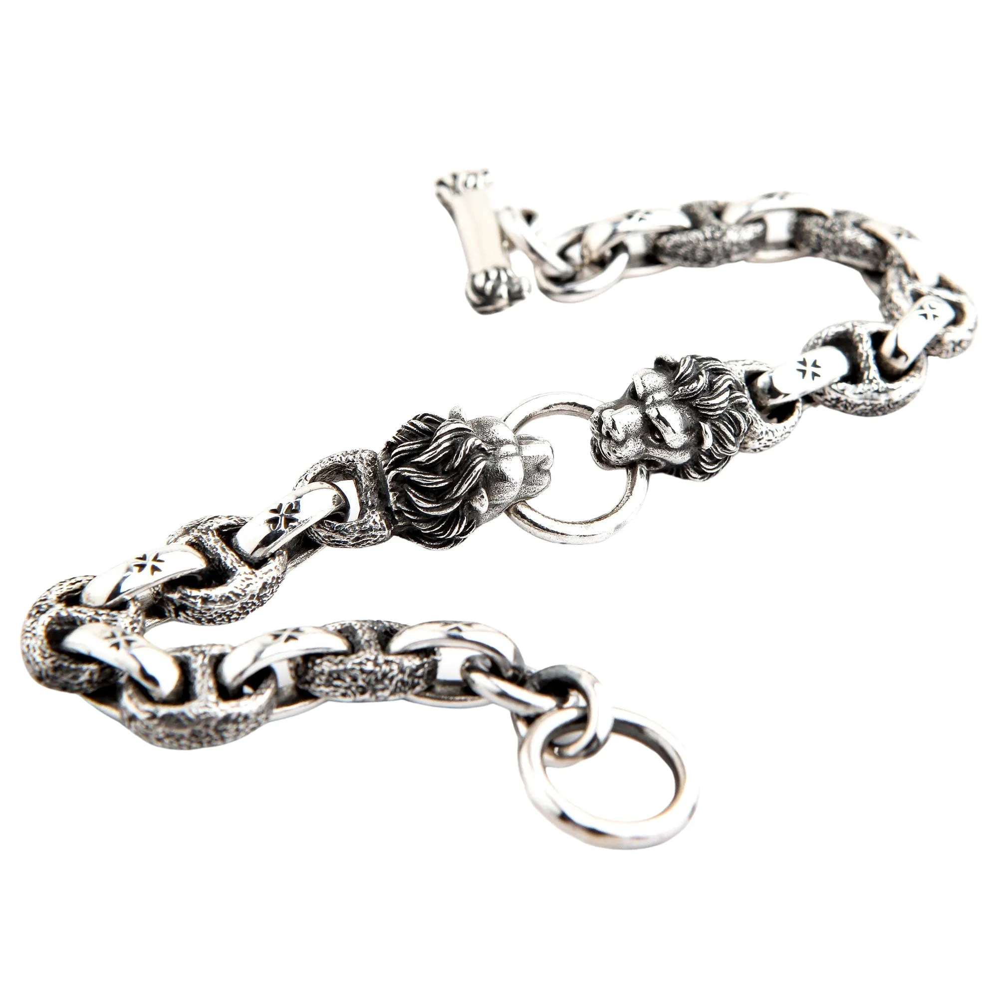 Small Lion Head Sterling Silver Cross Link Chain Bracelet